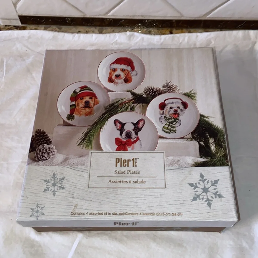 New in box Pier 1 Holiday Christmas dogs set of 4 salad plates.